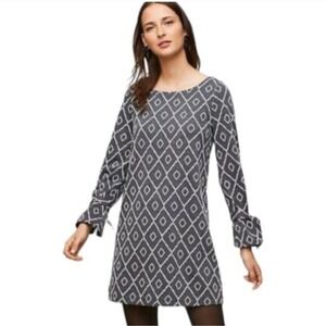 Loft Petites Gray Pattern 3/4 Sleeves Square Neckline Boxy Dress Sz Small Work